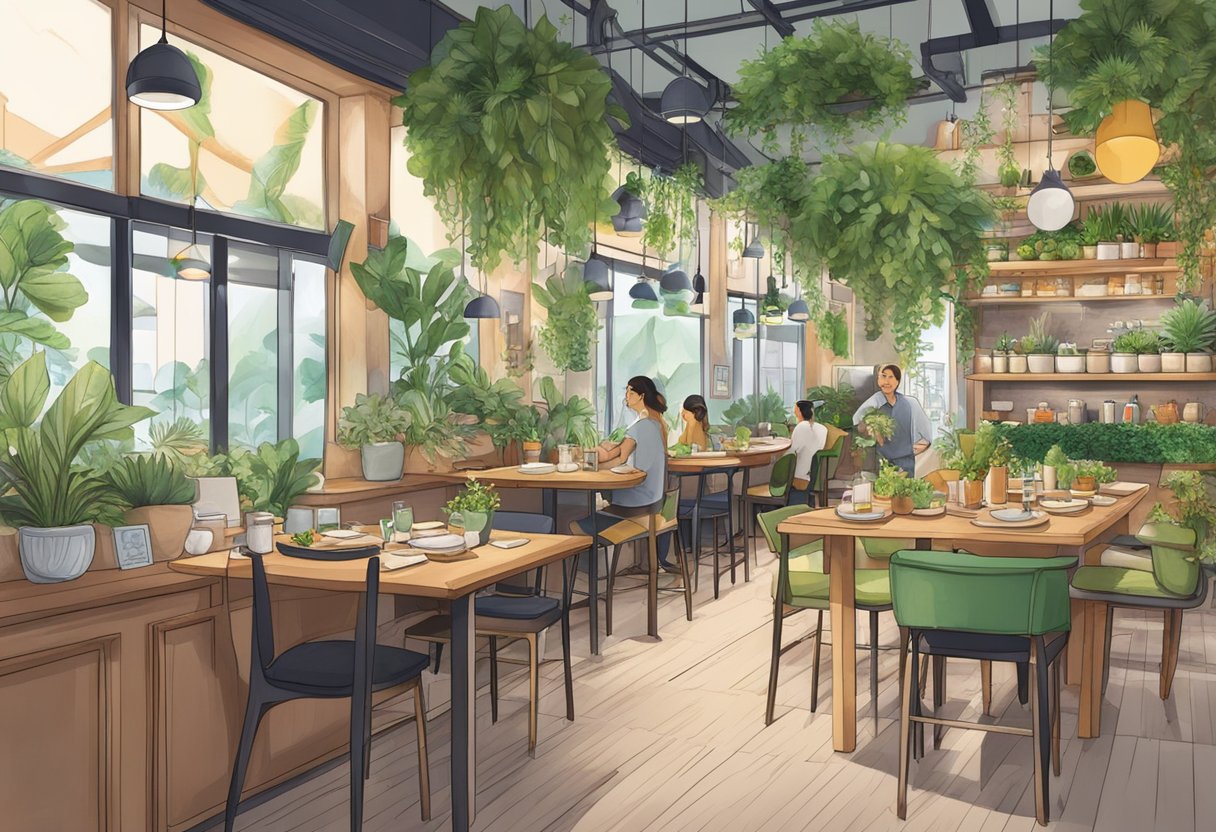 A bustling vegan restaurant in Singapore, with vibrant plant-based dishes and eco-friendly decor, promoting health and sustainability