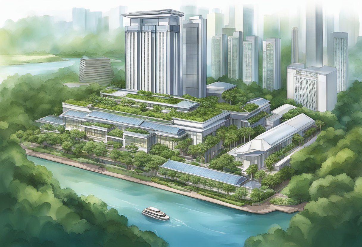 The iconic Mandarin Oriental Singapore stands tall amidst lush greenery, with its sleek modern architecture and stunning waterfront location