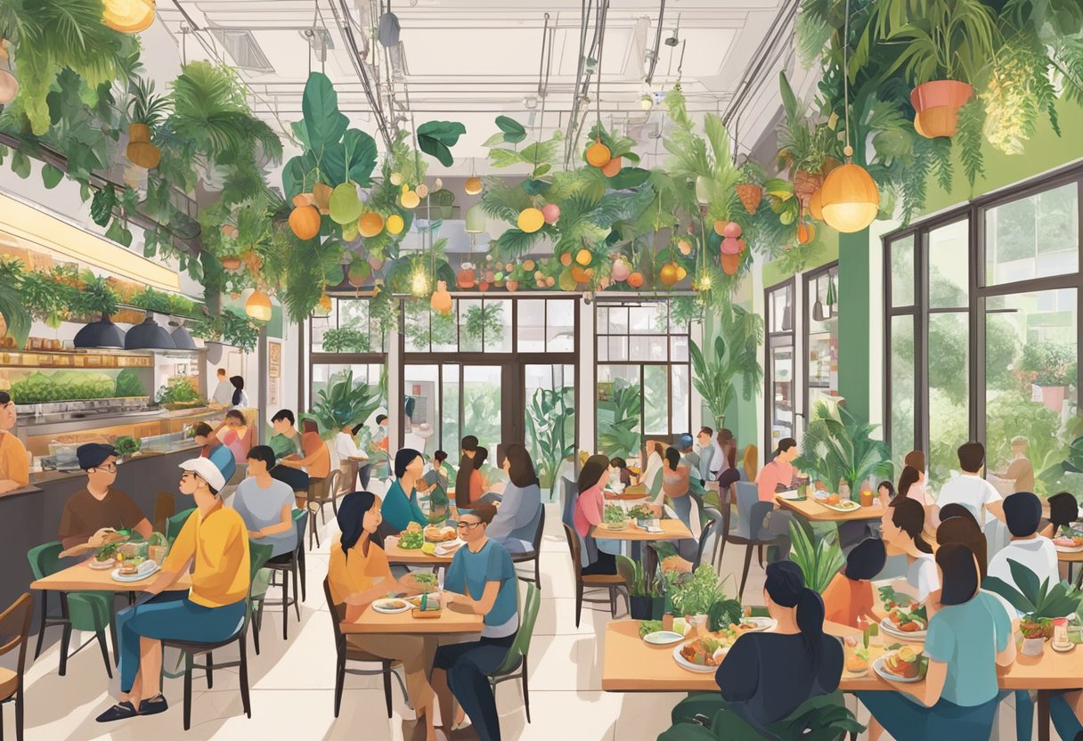 A bustling vegan restaurant in Singapore, with colorful decor and a diverse crowd enjoying plant-based cuisine