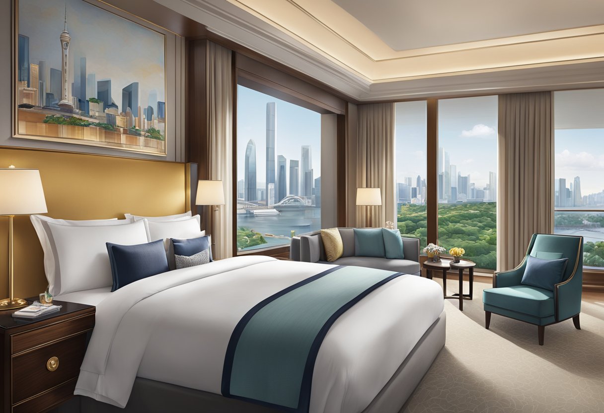 A luxurious hotel room at the Mandarin Oriental Singapore, with a plush bed, elegant furnishings, and a stunning view of the city skyline