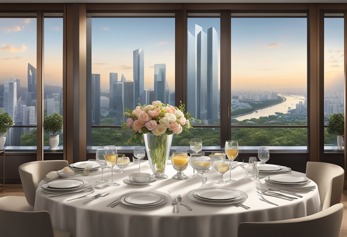 A beautifully set dining table with elegant tableware and a view of the city skyline through floor-to-ceiling windows at Mandarin Oriental Singapore