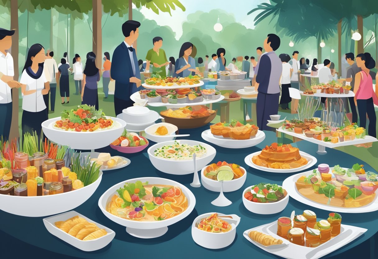 A bustling catering event in Singapore with a colorful array of dishes and drinks on display, as guests mingle and enjoy the lively atmosphere