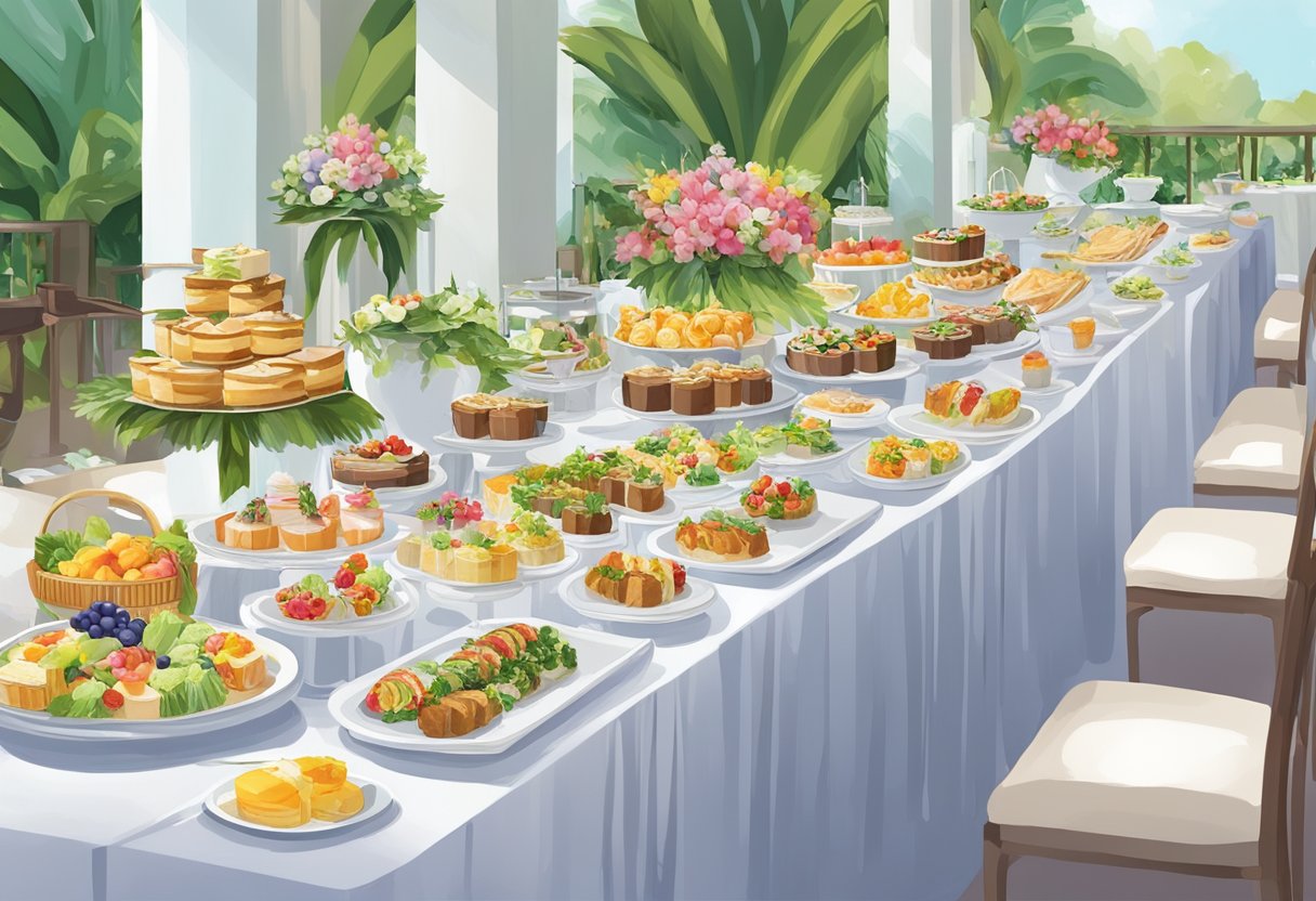 A variety of catering services in Singapore, including buffet, high tea, and wedding catering, are showcased with colorful food displays and elegant table settings