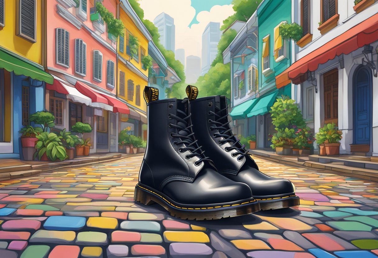 A pair of Dr. Martens boots stands on a cobblestone street in Singapore, surrounded by colorful shophouses and lush greenery