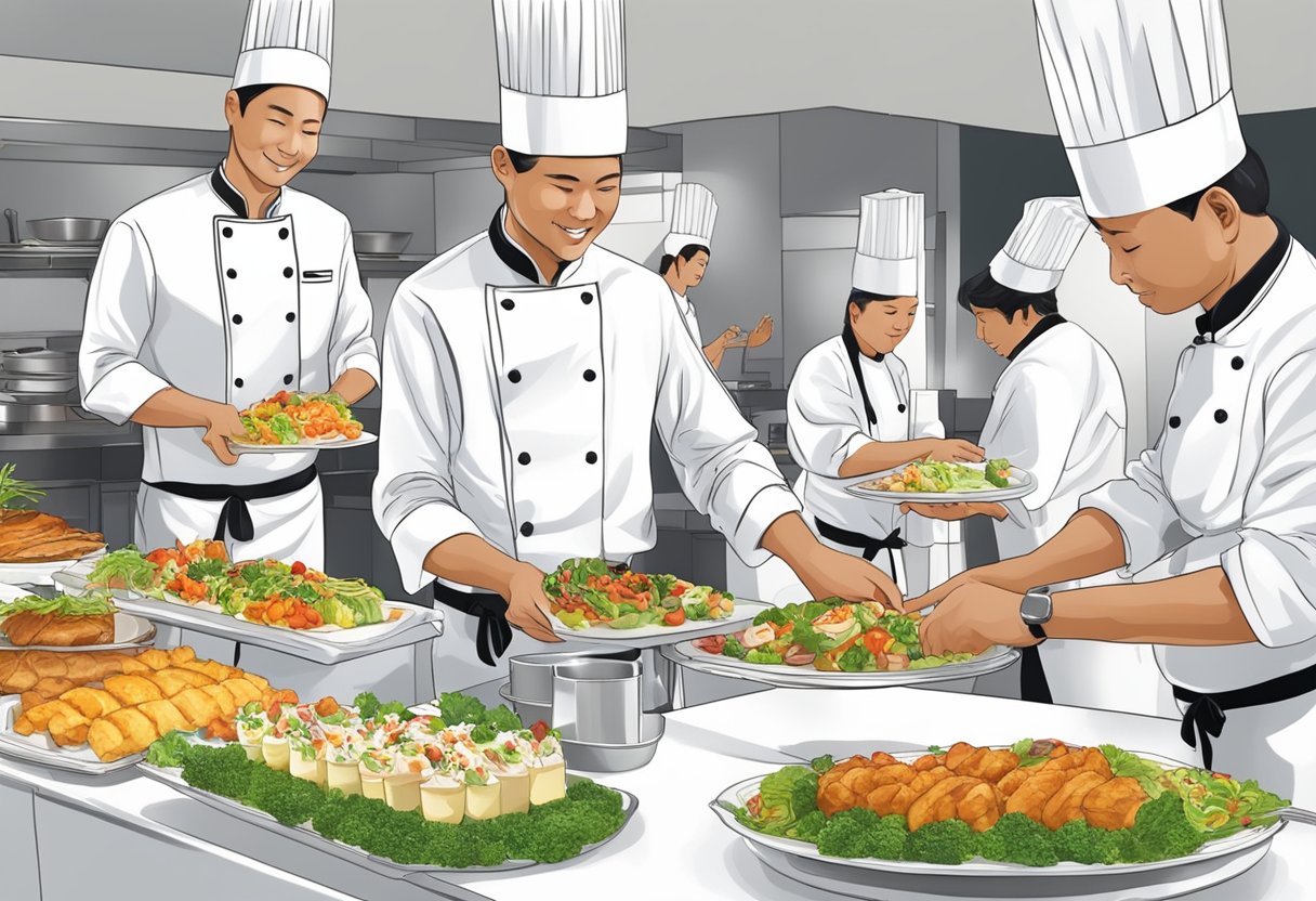 Chefs preparing and serving food at a catering event in Singapore