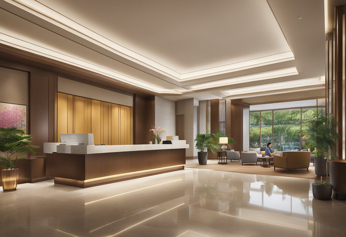 The lobby of Mandarin Oriental Singapore, with a reception desk, comfortable seating, and a display of brochures and pamphlets