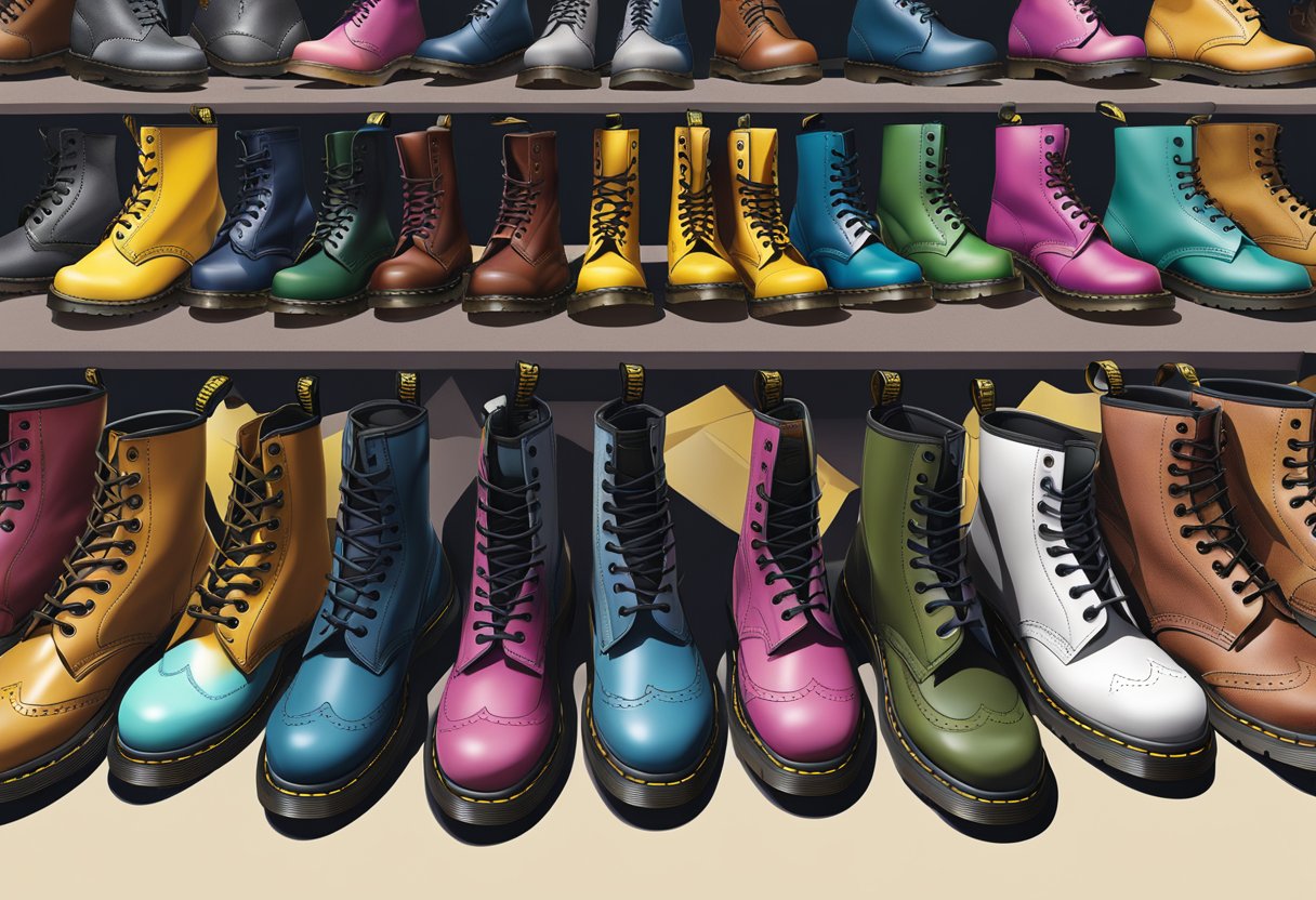 A collection of iconic Dr. Martens styles arranged in a dynamic and eye-catching display