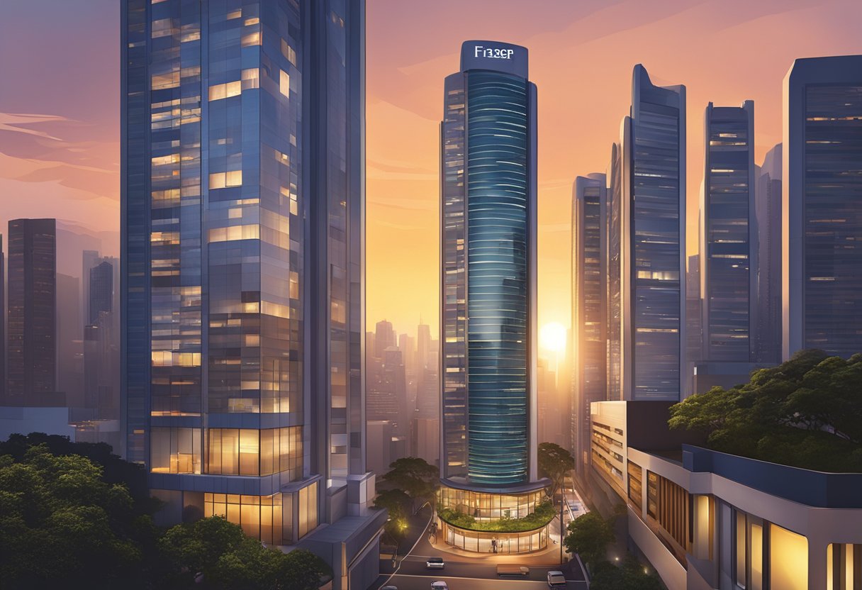 The sun sets behind the modern skyscrapers of Fraser Suites Singapore, casting a warm glow over the bustling city streets below