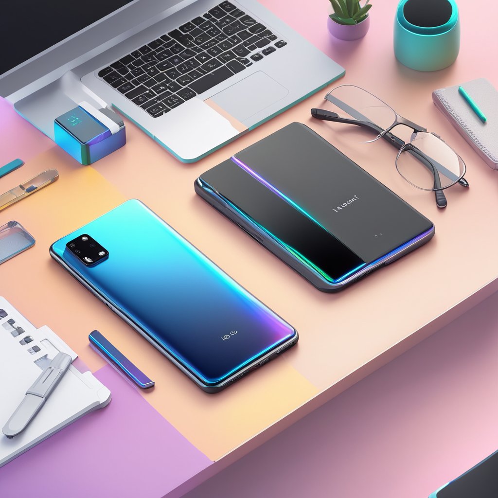 A sleek, futuristic smartphone with holographic display and advanced AI assistant sits on a sleek, minimalist desk, surrounded by cutting-edge accessories