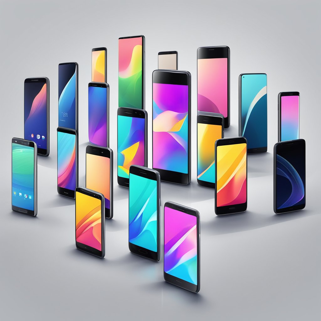 Multiple smartphones arranged on a sleek, futuristic display. Each device showcases its unique features, performance, and price, creating a visually appealing and informative scene for the viewer