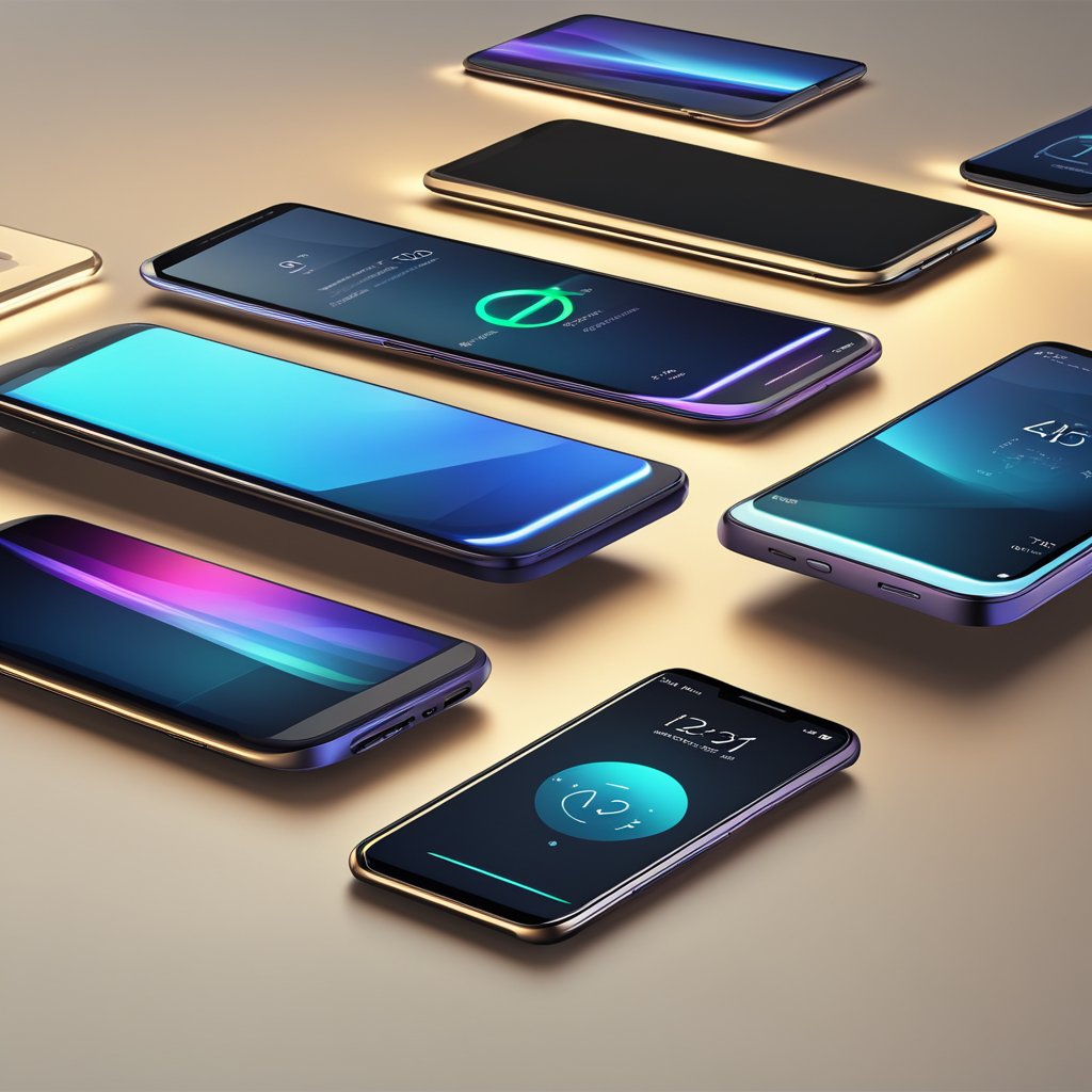 A lineup of futuristic smartphones displayed on a sleek, illuminated platform, with digital screens showcasing their features, performance, and prices