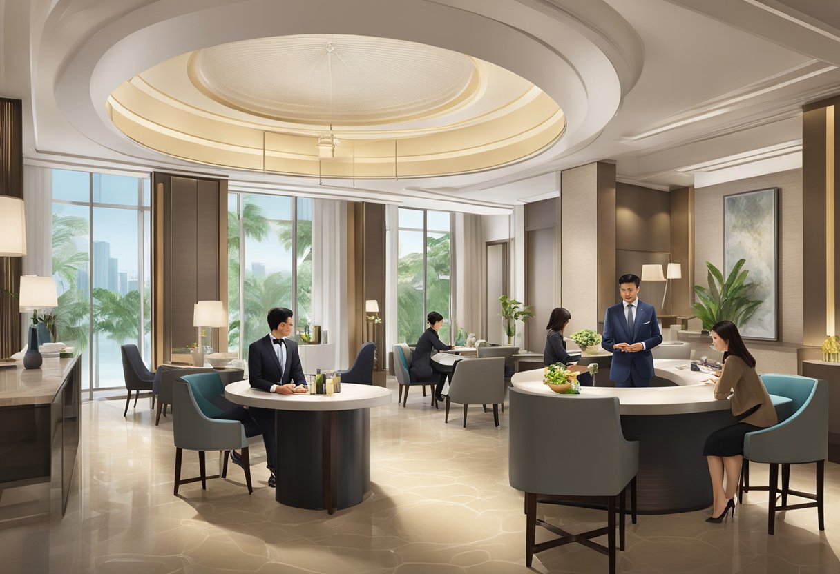 Guests enjoying luxurious amenities at Fraser Suites Singapore. A concierge assists at the front desk, while others relax in the spa or dine at the gourmet restaurant