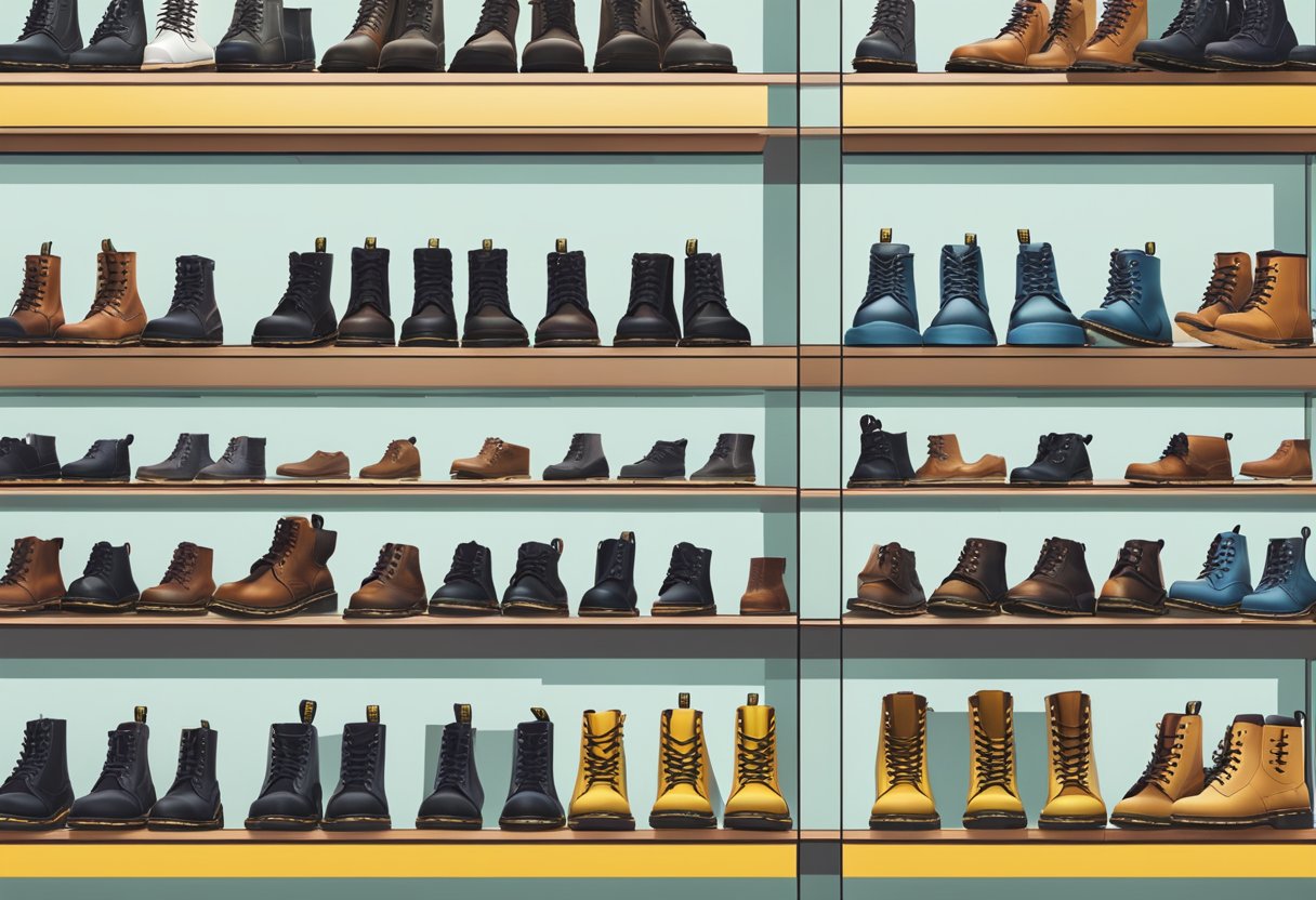A display of various Dr. Martens boots in a well-lit, modern shoe store with sleek shelves and a minimalist design