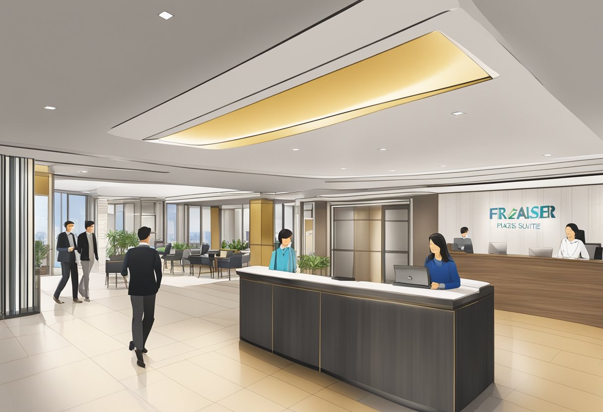 Fraser Suites Singapore lobby with FAQ sign, reception desk, and guests