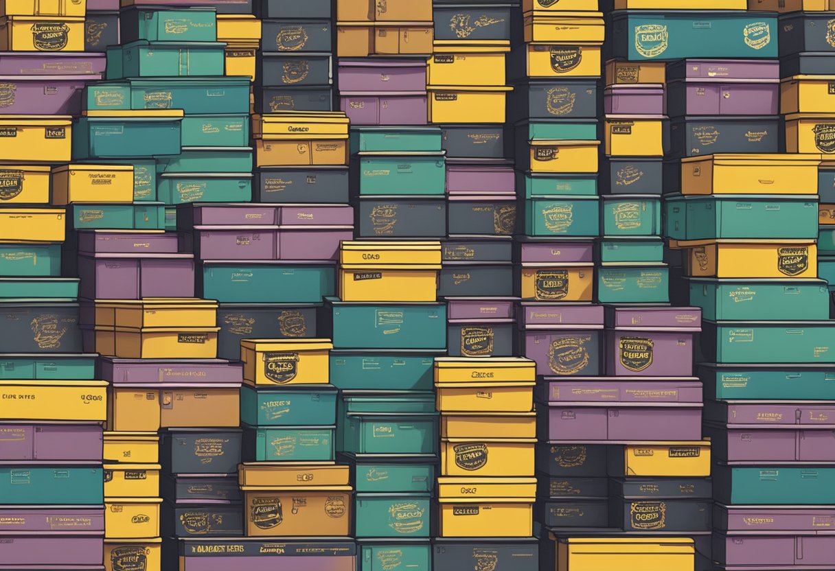 A stack of Dr. Martens shoeboxes with the label "Frequently Asked Questions" in a Singapore store