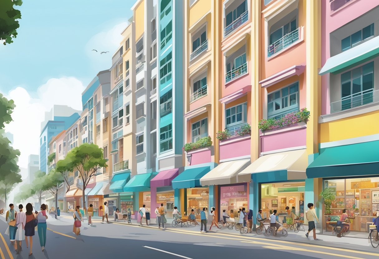 Jurong East Street 21, IMM Singapore: bustling street, colorful storefronts, people milling about, iconic architecture