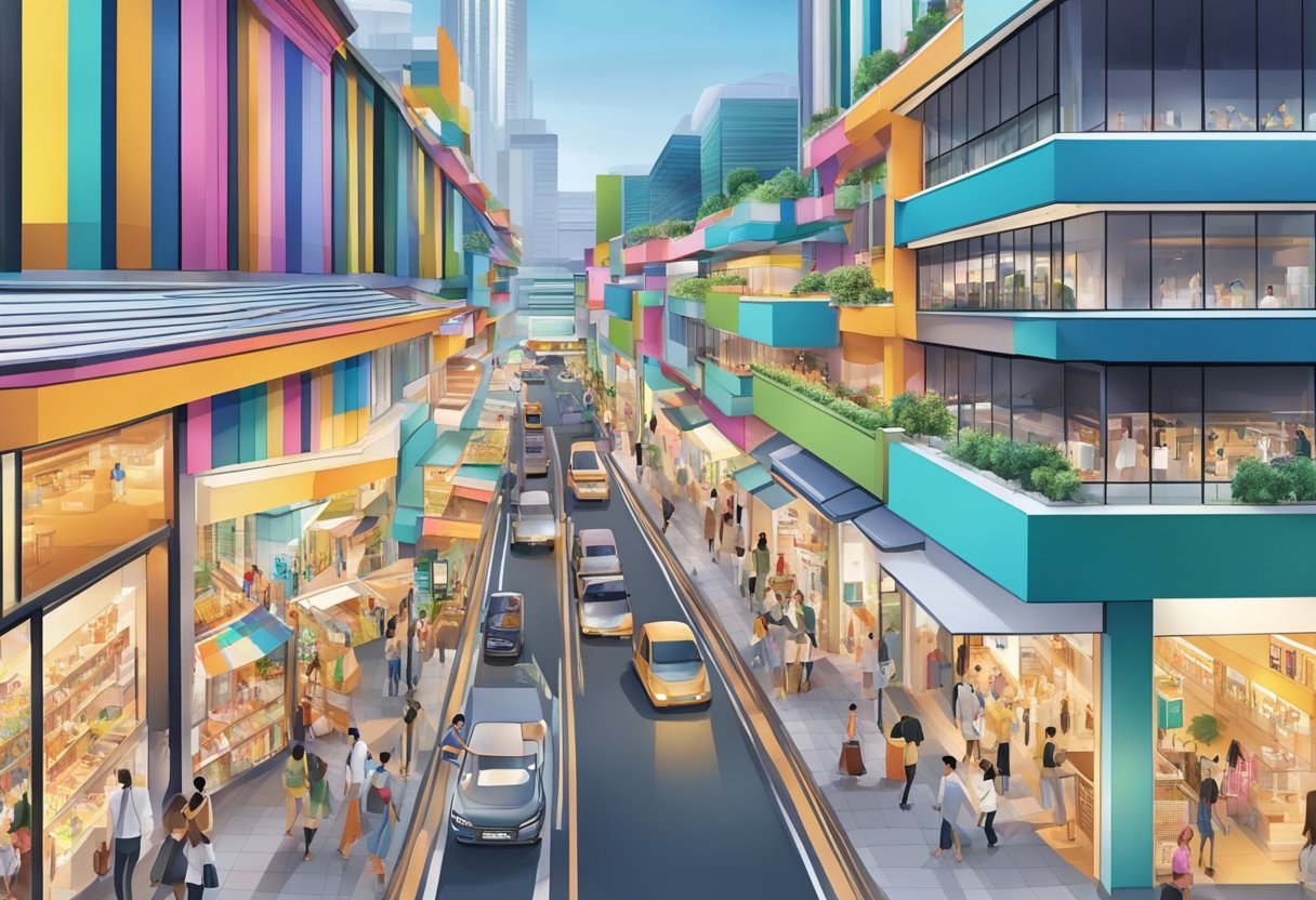 A bustling street at IMM Singapore, with colorful storefronts and busy shoppers. The architecture is modern and sleek, with a mix of traditional and contemporary designs