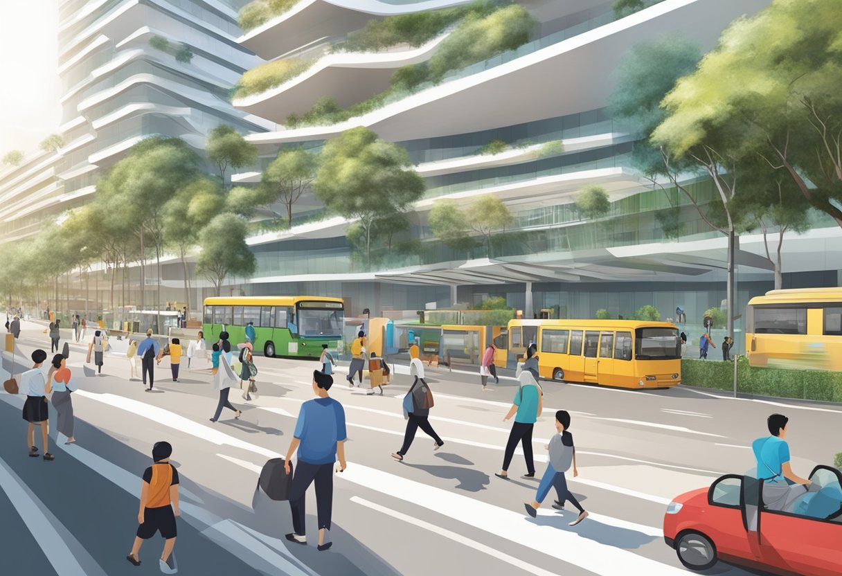 Pedestrians and vehicles move along Jurong East Street 21, near the IMM Singapore mall, with accessible ramps and public transport options available