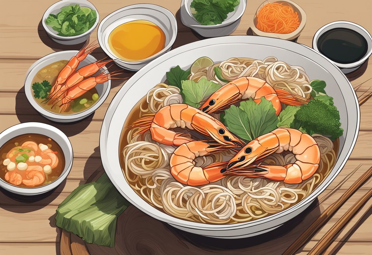 A steaming bowl of prawn mee sits on a wooden table, surrounded by condiments and garnishes. Steam rises from the rich, aromatic broth, and plump prawns float on the surface