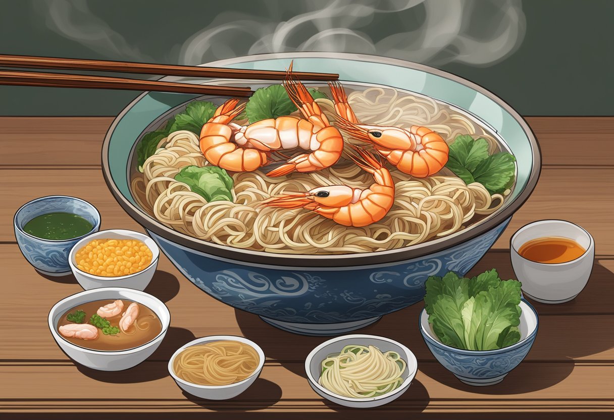 A steaming bowl of prawn mee sits on a wooden table, surrounded by condiments and chopsticks. Steam rises from the rich, fragrant broth, and plump prawns and noodles are visible through the surface
