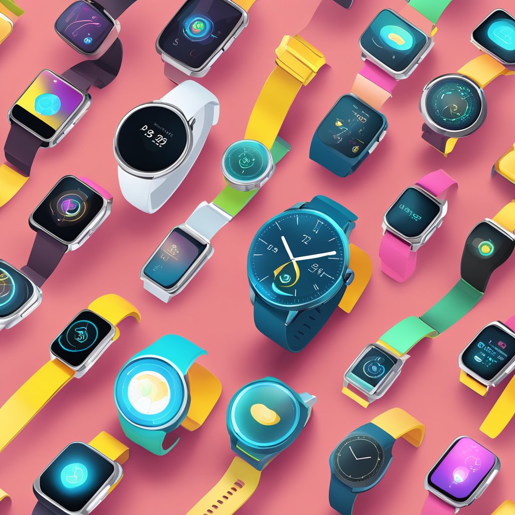 A table with various smartwatches arranged neatly, each displaying different features and designs. A futuristic backdrop with advanced technology in the background