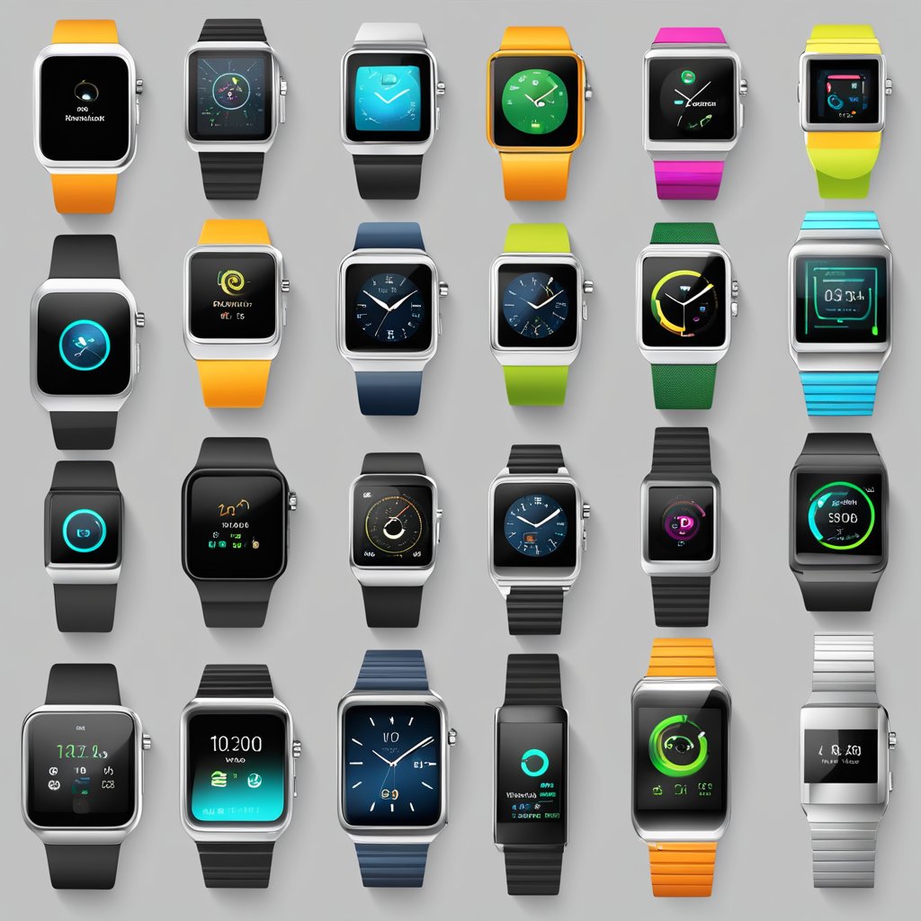 A table displaying various smartwatches with sleek designs and advanced features. Each watch is labeled with its unique functions and benefits for different purposes