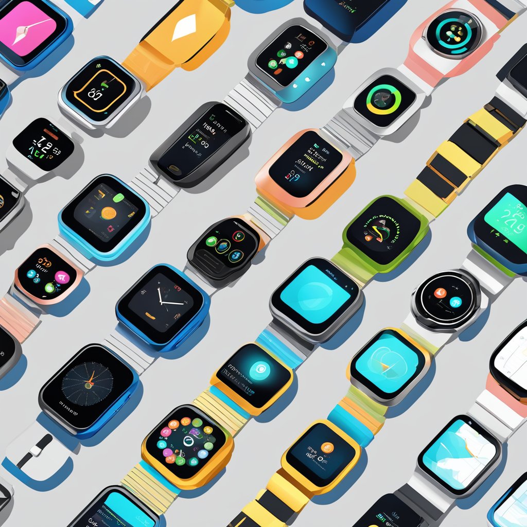 A table with various smartwatches laid out, each displaying different features and designs. A futuristic backdrop with sleek technology in the background