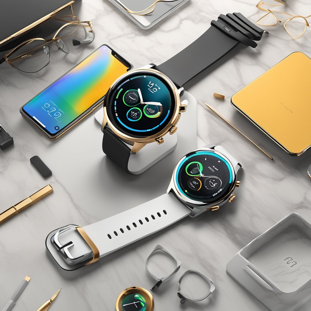 A sleek, modern smartwatch sits on a luxurious marble countertop, surrounded by high-end gadgets and technology accessories. The watch's vibrant display and advanced features exude sophistication and cutting-edge technology