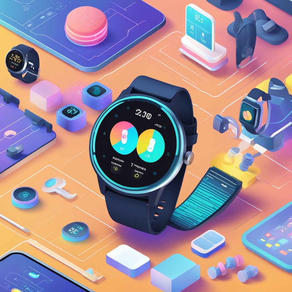 A smartwatch displaying various health metrics, surrounded by fitness equipment and a futuristic gym setting