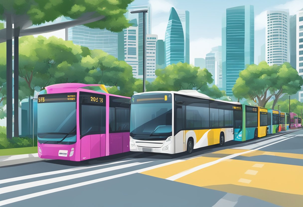 A row of colorful buses lined up at a bus stop in Singapore, with digital screens displaying the arrival times for each bus