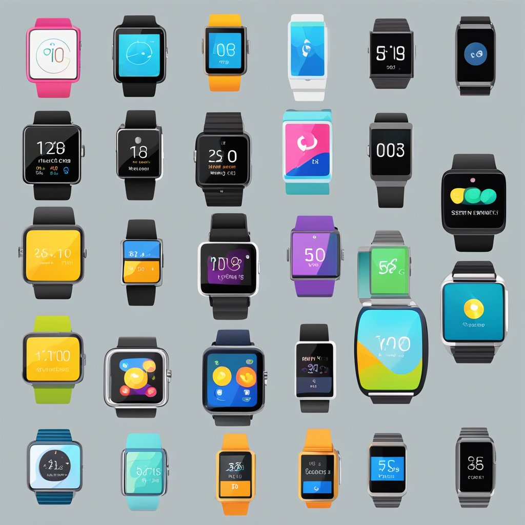 A table displaying various smartwatches, each with a different design and features. A price tag is visible on each device, showcasing their affordability