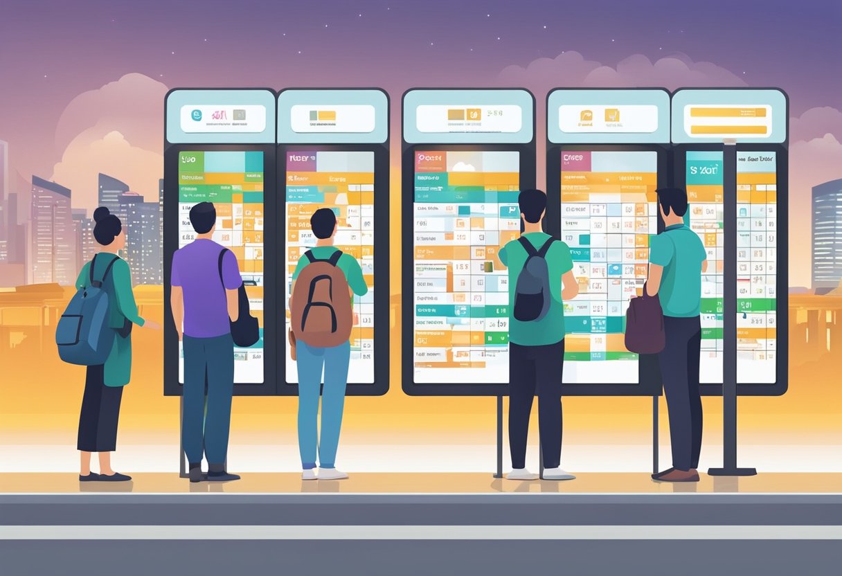 Passengers checking bus schedule on digital display at Singapore bus stop