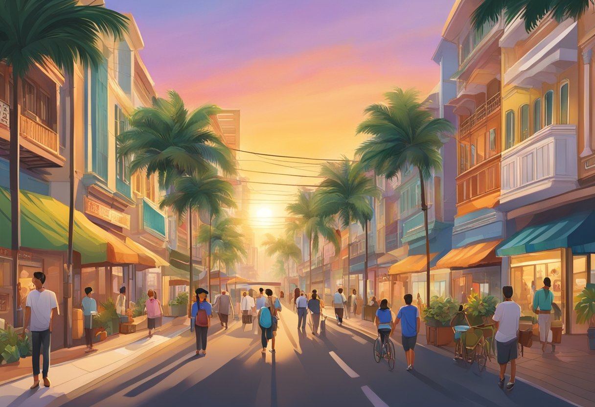 Boon Lay, Singapore: A bustling street with colorful shophouses, palm trees, and pedestrians. The sun sets behind the city skyline, casting a warm glow
