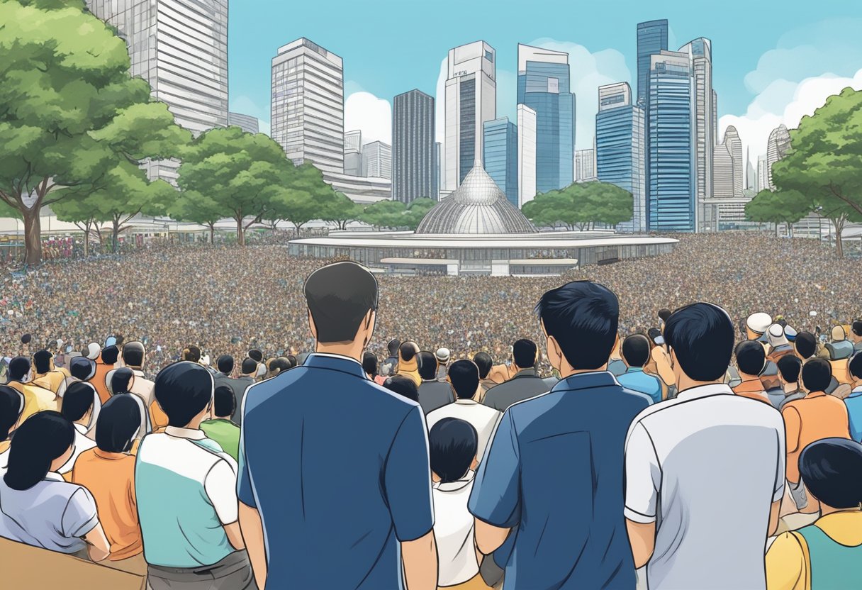 The Singapore Prime Minister addresses a crowd at a bustling city square. Skyscrapers and iconic landmarks fill the background