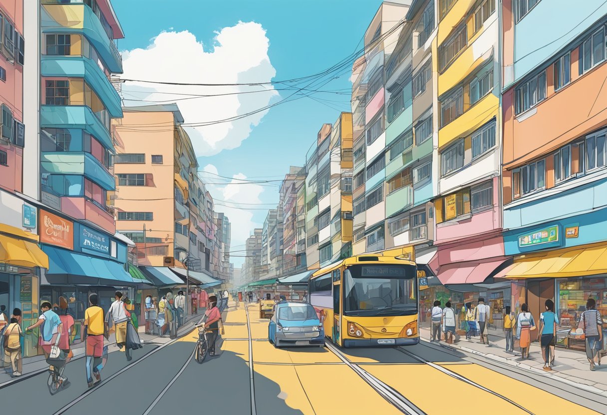 A bustling street in Boon Lay, with colorful shops and busy pedestrians. Tall buildings line the horizon under a clear blue sky