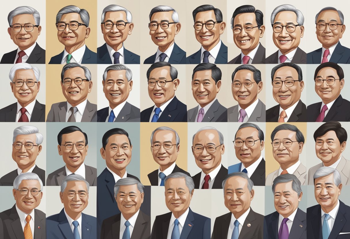 A line of portraits of Singapore's Prime Ministers, displayed in chronological order