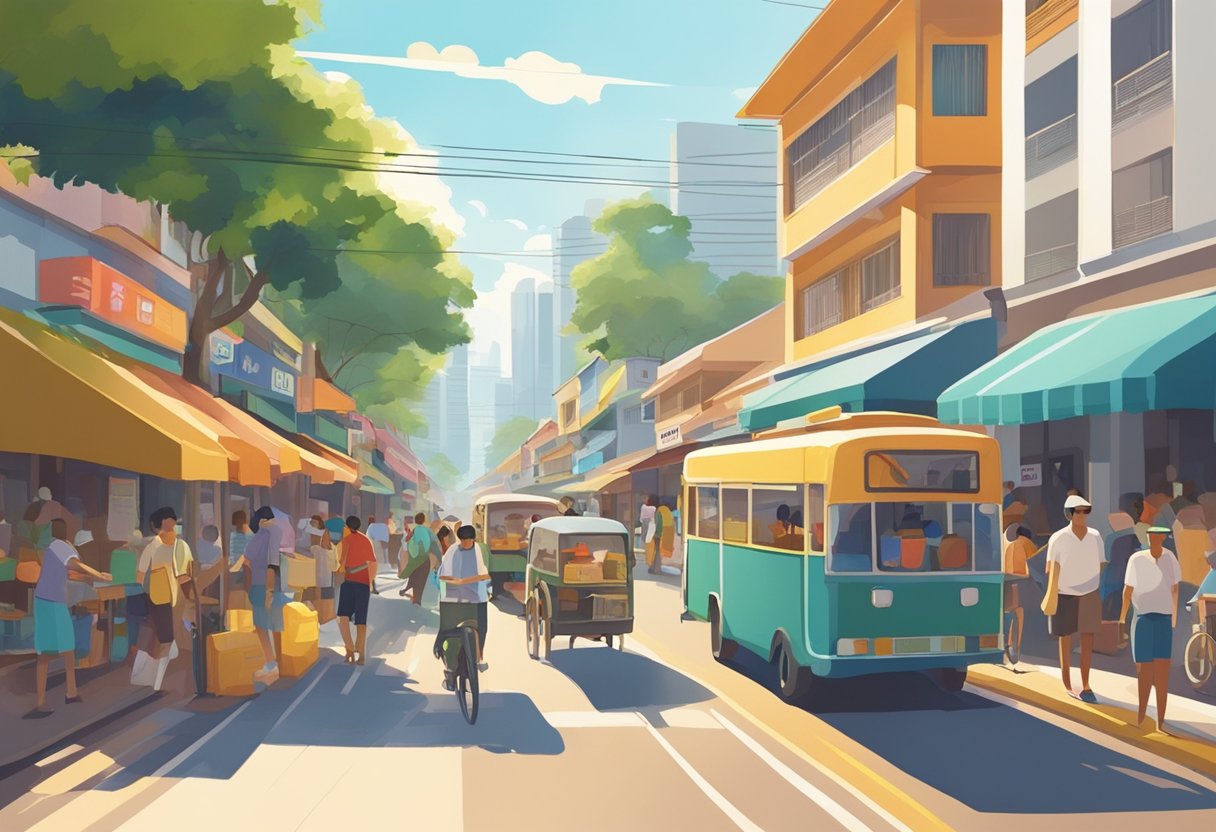 A bustling street in Boon Lay, Singapore, with colorful shops and busy traffic. Tall buildings line the road, and the sun casts long shadows