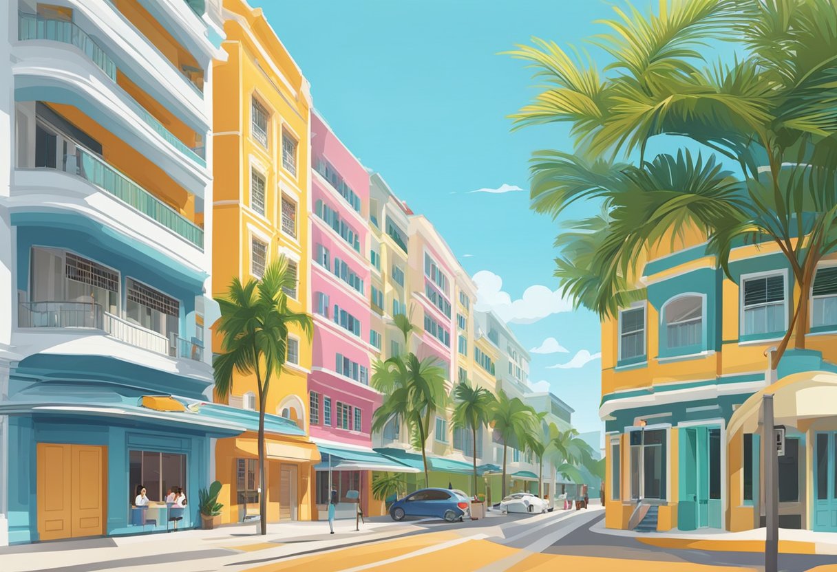 A colorful, modern building with the sign "ibis budget singapore joo chiat" and surrounding palm trees