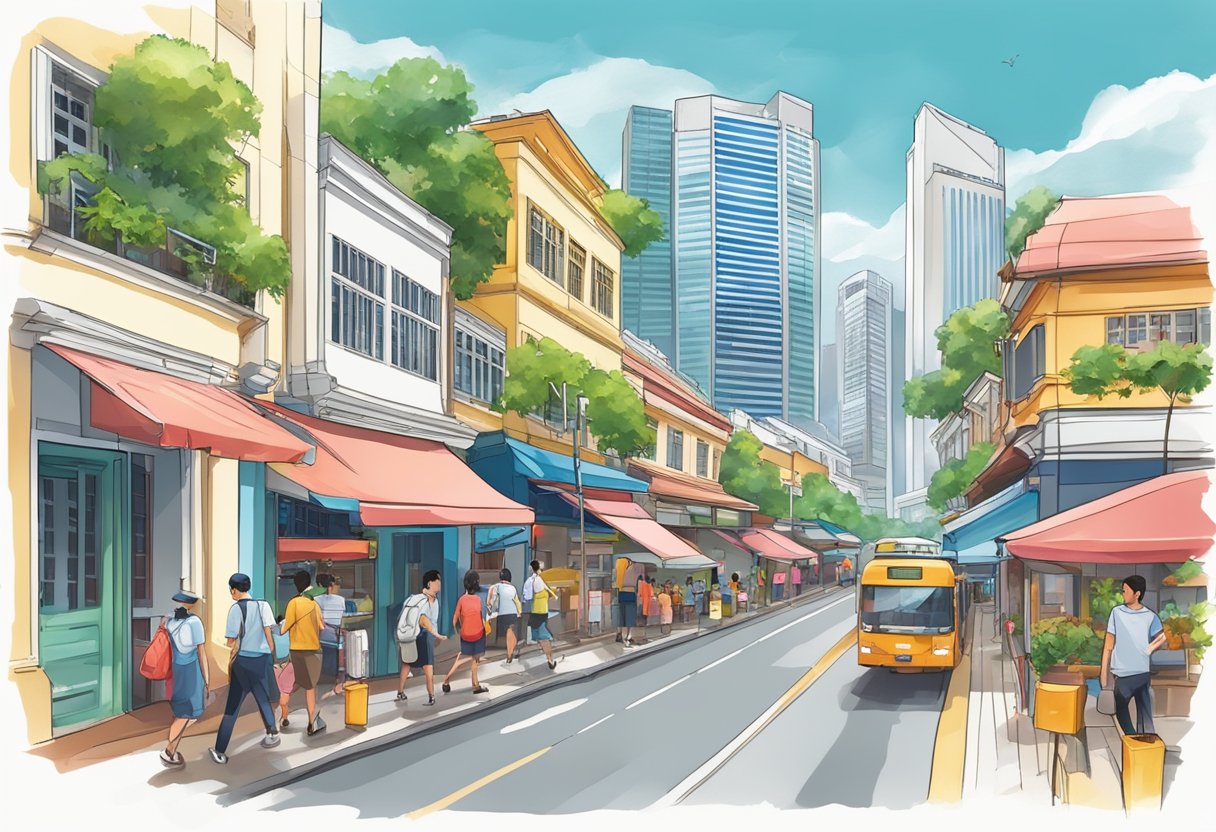 The bustling streets of Singapore, with its iconic skyline and vibrant mix of modern and traditional architecture, bustling with activity and energy