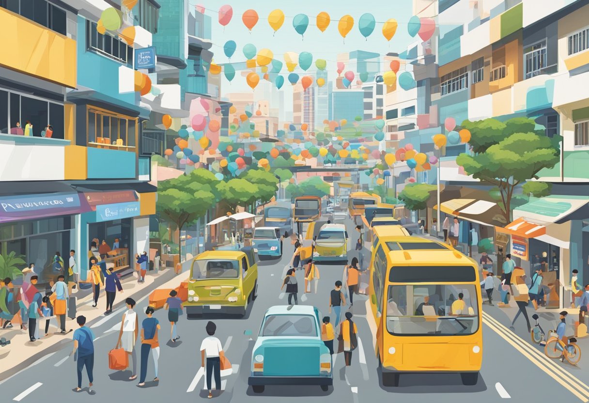 A bustling street in Boon Lay, Singapore, with a prominent sign reading "Frequently Asked Questions" in bold letters. Pedestrians and vehicles pass by, creating a lively atmosphere