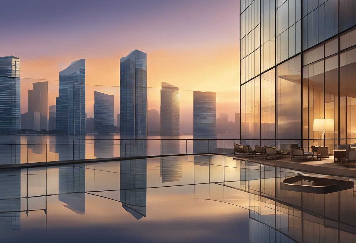 The sun sets behind the iconic silhouette of the Westin Singapore, casting a warm glow on the sleek glass facade and reflecting off the calm waters of Marina Bay