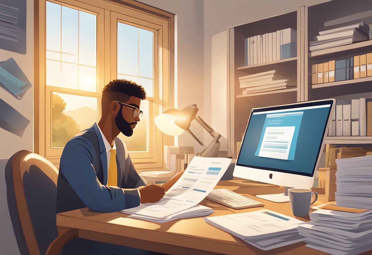 A person sitting at a desk, surrounded by tax forms and documents, with a computer displaying the IRAS website. Sunlight streams through the window, casting a warm glow on the scene