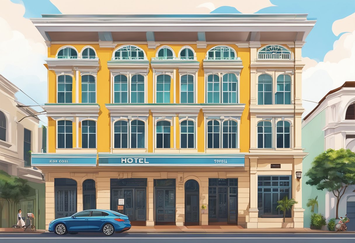 The hotel stands tall, with its modern facade and vibrant signage, nestled within the bustling streets of Joo Chiat, Singapore