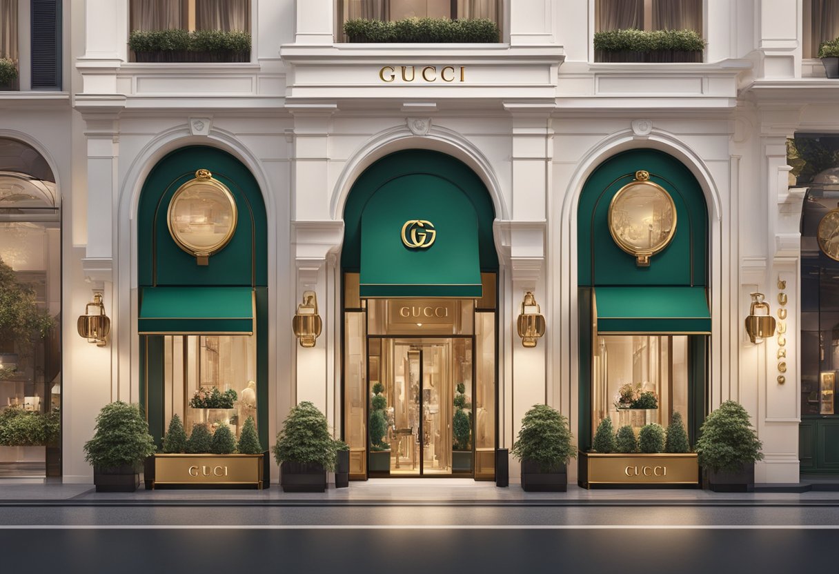 A luxurious storefront in Gucci Singapore, with bold signage and elegant window displays