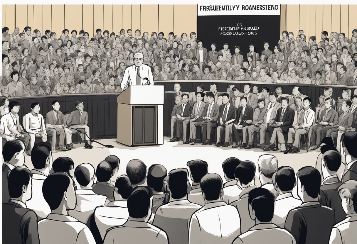The Singapore Prime Minister addresses a crowd, surrounded by microphones and reporters. A large sign with "Frequently Asked Questions" is displayed prominently