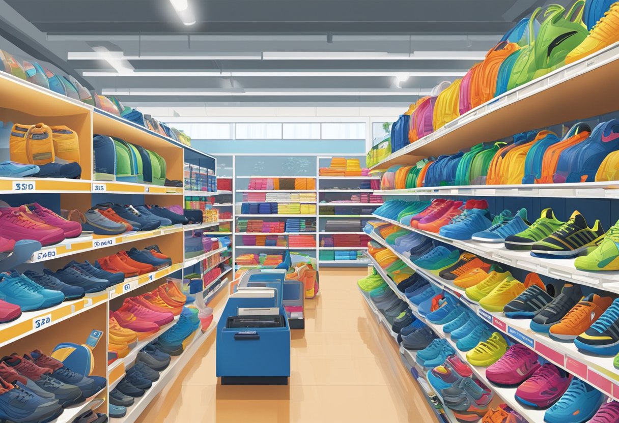 A bustling decathlon store in Singapore, with colorful sports equipment displayed on shelves and customers browsing through the aisles