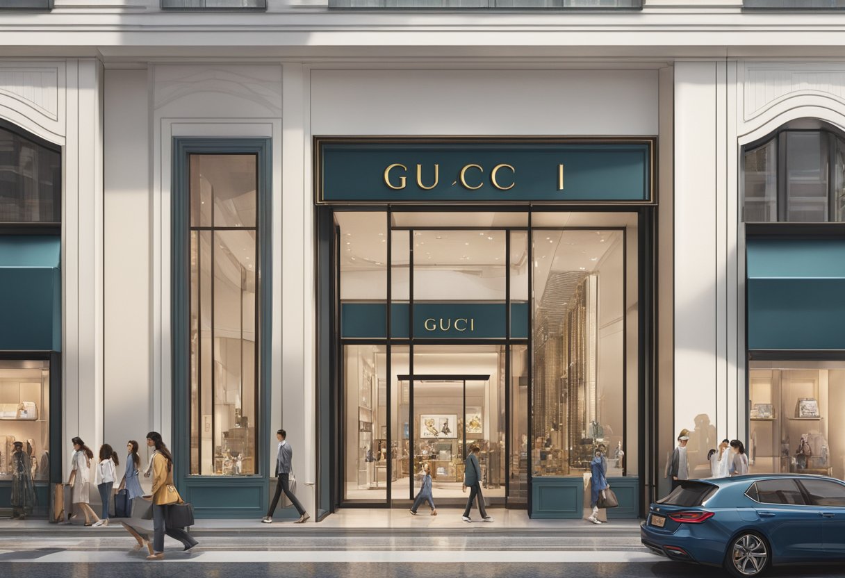 Gucci's iconic logo adorns the storefront, surrounded by sleek, modern architecture. Shoppers bustle in and out, drawn to the luxury brand's flagship store in the heart of Singapore