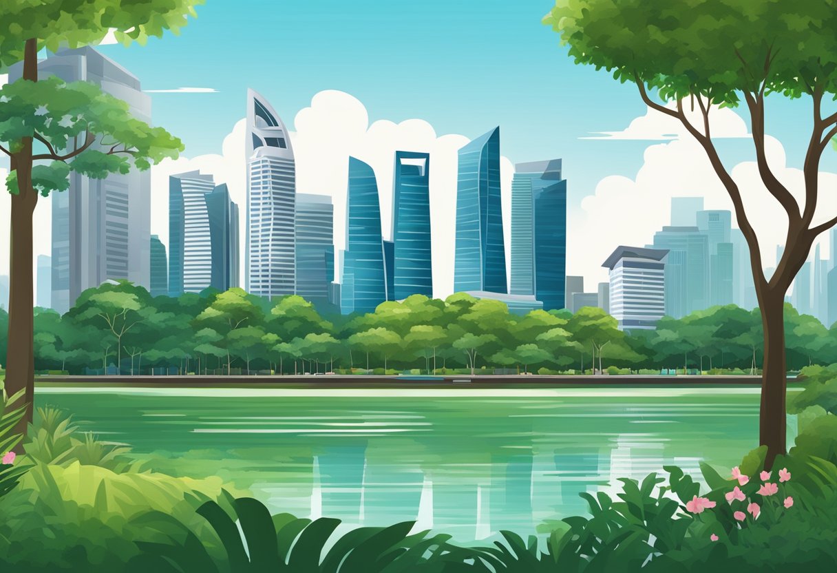 The iconic skyline of Singapore featuring the distinctive architecture of the Standard Chartered building, surrounded by modern skyscrapers and lush greenery