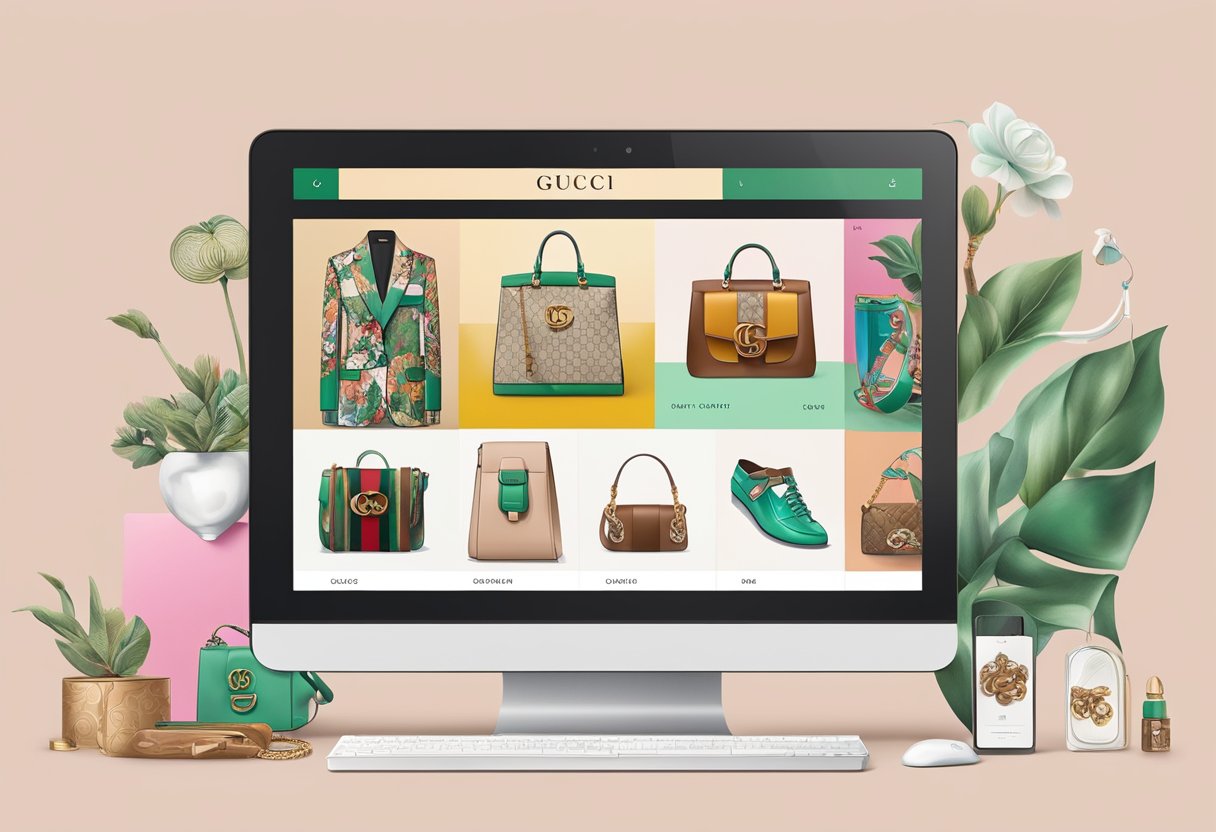 A computer screen displaying Gucci's online store with various products and categories, a sleek and modern website design, and the iconic Gucci logo prominently featured