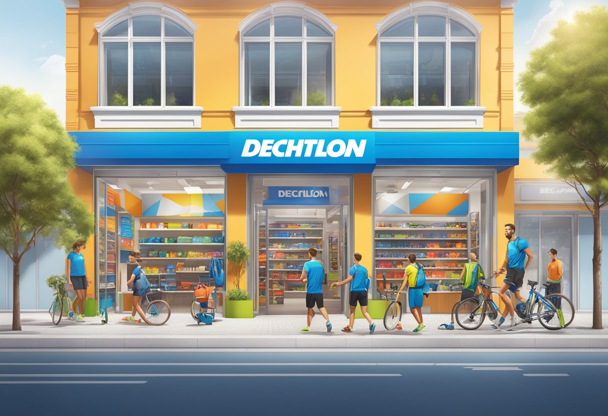 A vibrant store front with the Decathlon logo, surrounded by sports equipment and happy customers